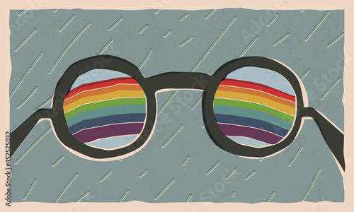 Optimist, positive thinking, changing reality. Rainy weather outside, but a rainbow is visible through round eyeglasses.