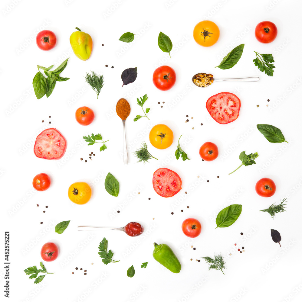 Flat lay of cut vegetables Tomato, basil, spices, pepper, parsley on white wooden background. cooking concept. salad ingredients Flat lay of cut vegetables Tomato, basil, spices, pepper, parsley on white wooden background. cooking concept. salad ingredients