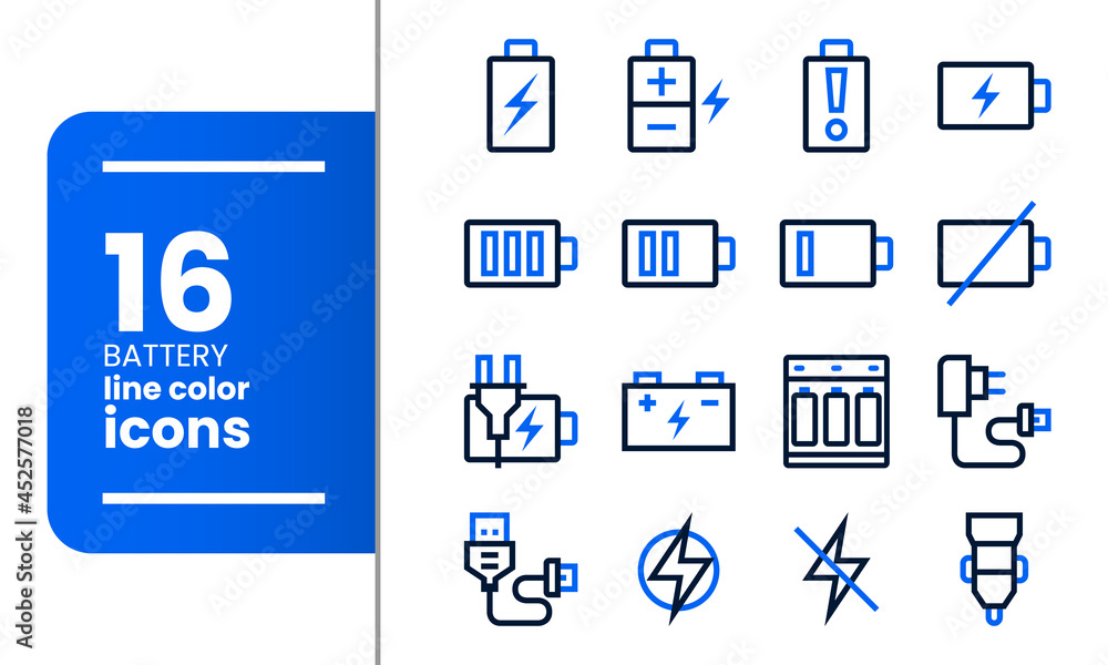 Set of batteries and energy related icons. Two colors line icons. Set of batteries and energy related icons. Two colors line icons.