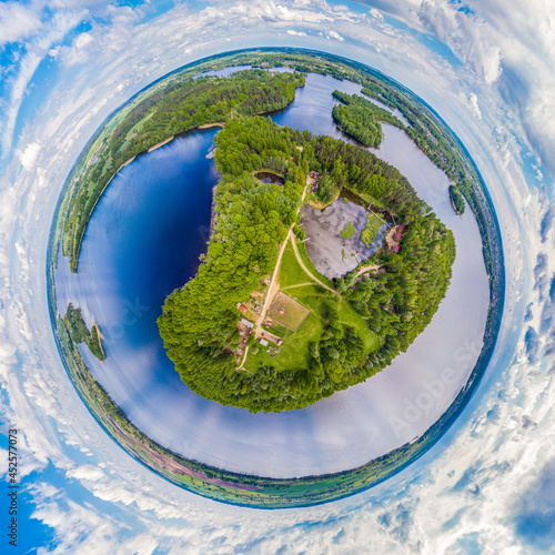 Panorama little planet of the island on the lake near Lepel in Vitebsk region, Belarus. Drone aerial panorama