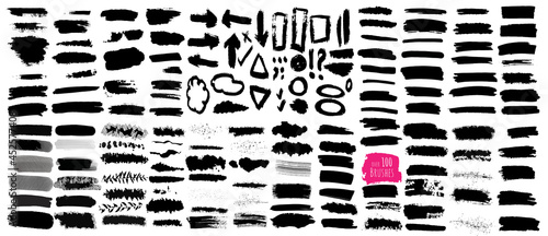 Over 100 Brushes, big collection of black paint, ink brush strokes, brushes, lines, grungy. Dirty artistic design elements and frames. Vector illustration. 