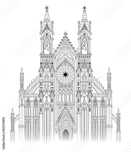 Drawing of fantasy castle. Gothic architectural style. Medieval architecture in Western Europe. Black and white page for coloring book. Worksheet for children and adults. Christian cathedral.