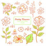 Hand drawn elegant flowers isolated on white background. Flora collection different flowers and leaves. Pastel orange and green colors. Vector illustration.