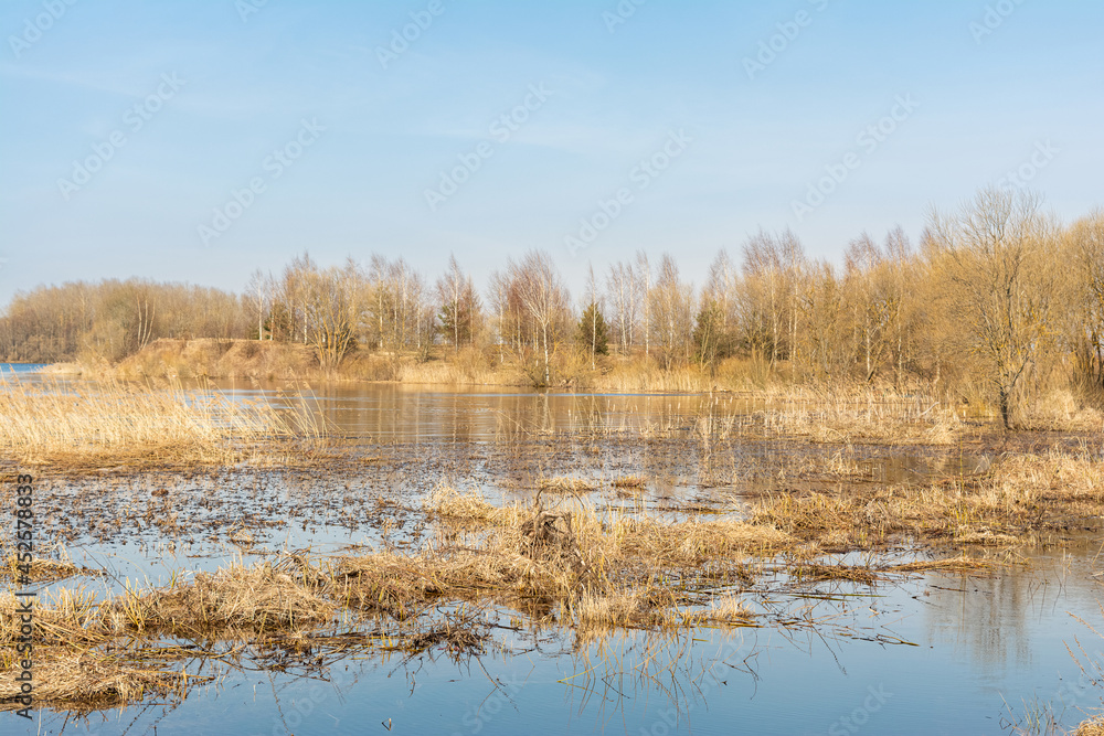 Spring flood blue lake. Trees still without leaves grow in a meadow flooded with water. Beautiful landscape with blue sky and water on a spring day. Spring flood blue lake. Trees still without leaves grow in a meadow flooded with water. Beautiful landscape with blue sky and water on a spring day.