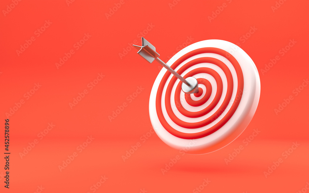 Business goal, Arrow Darts in the center of target. achievement and success concept. Modern design, 3d rendering. Bright red background. Business goal, Arrow Darts in the center of target. achievement and success concept. Modern design, 3d rendering. Bright red background.