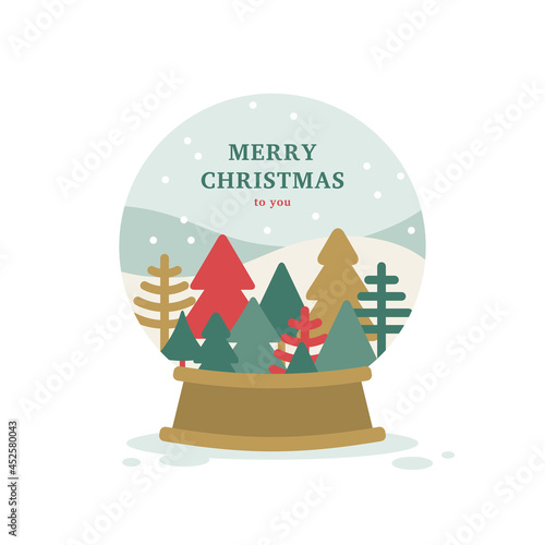 Merry Christmas snowball flat icon, minimal poster postcard design. Vector illustration. Snowglobe decoration isolated on white background, glass ball with winter forest, fir tree landscape inside.