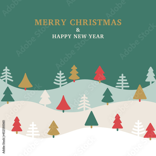 Winter snowy landscape with Christmas fir tree flat icons, vector illustration. Happy New Year 2022 woods poster. Red, gold and green pine in snowdrifts, geometric forest wallpaper, place for text