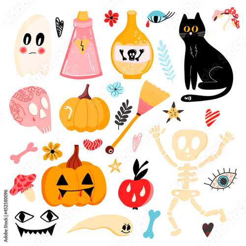 Vector large set of Halloween stickers with pumpkins, skull, skeleton, eye, black cat and other. A set for posters, gifts, postcards, clothes, holiday decor