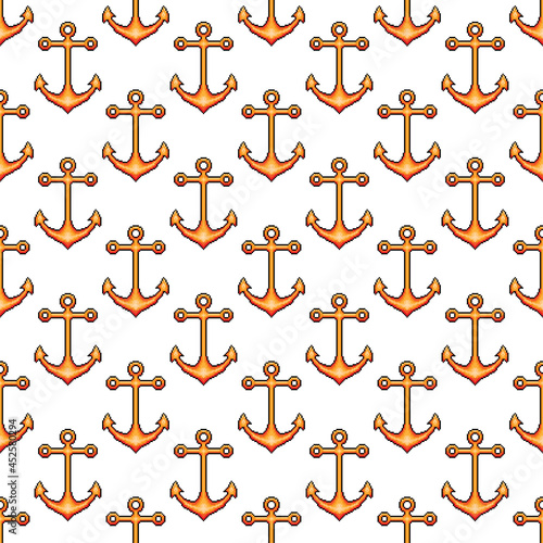 Yellow pixel ship anchors isolated on white background. Cute seamless pattern. Vector simple flat graphic illustration. Texture.