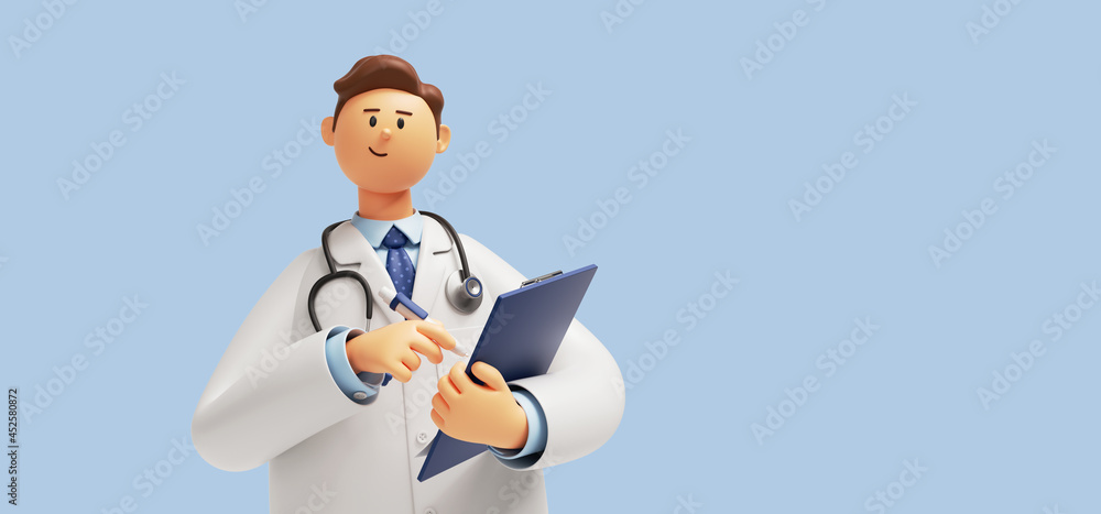 3d render. Cartoon doctor character holds clipboard. Clip art isolated on blue background. Professional consultation. Medical concept - obrazy, fototapety, plakaty 