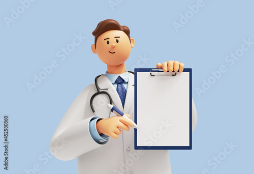 3d render. Doctor cartoon character shows clipboard with blank paper. Clip art isolated on blue background. Professional recommendation. Medical concept