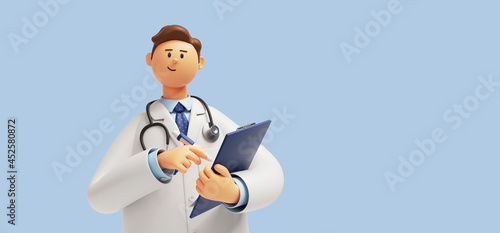 3d render. Cartoon doctor character holds clipboard. Clip art isolated on blue background. Professional consultation. Medical concept