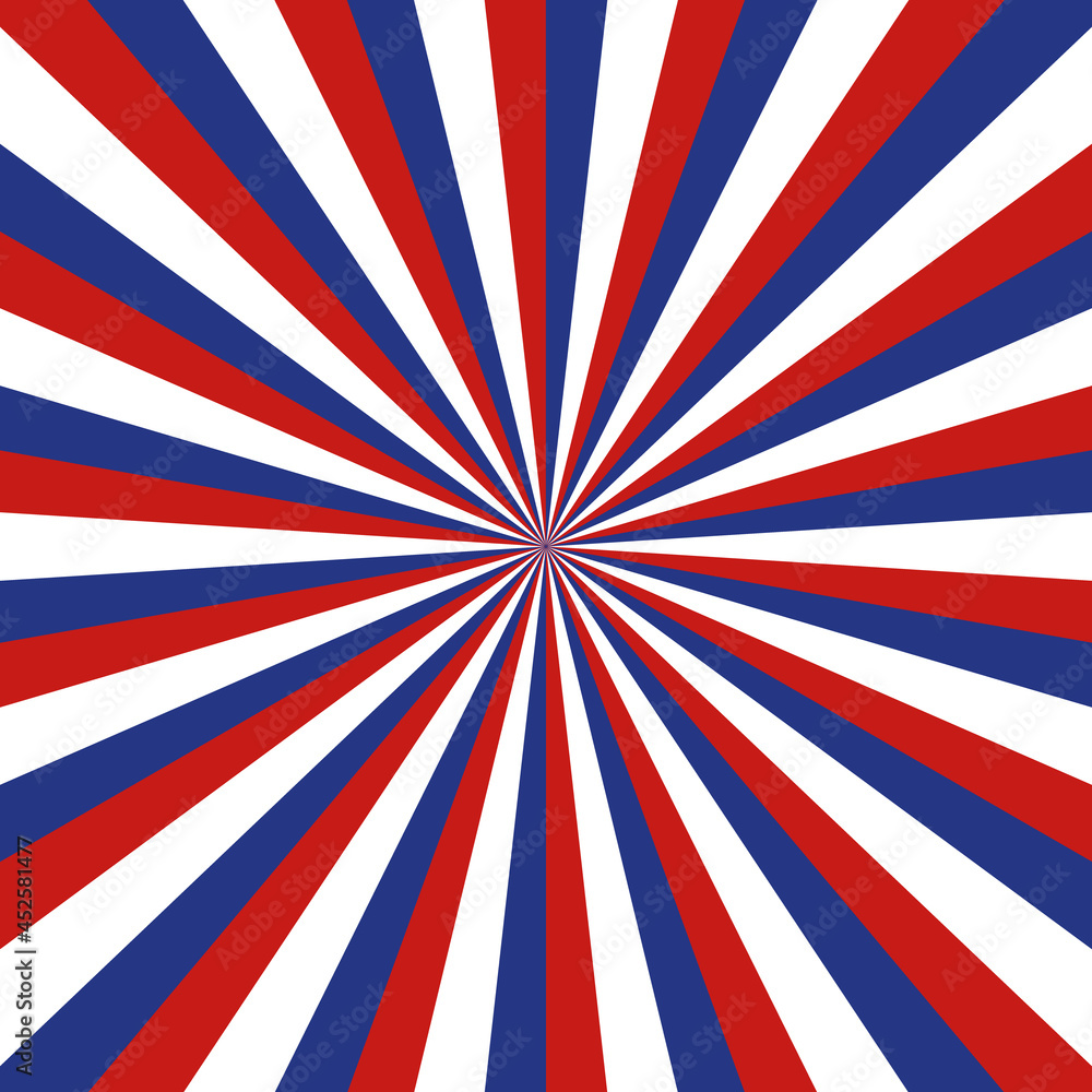 American background with sunburst. Blue and red circus pattern for usa. American flag for 4th july. Abstract patriotic background with stripes. Poster for independence of america. Vector