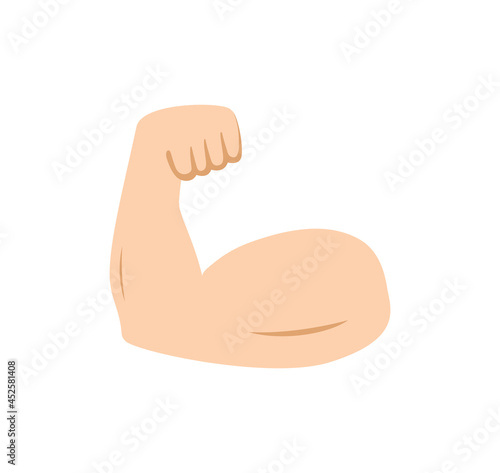 Arm muscle. Emoji of strong bicep. Emoticon of strength in hand. Icon of power of protein for man. Flex muscle of arm. Exercise in gym for health. Logo of fitness, workout, bodybuilder, sport. Vector