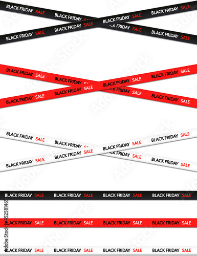 Black friday sale tape. Banner of black friday on red and white background. Stripes with border for sale. Horizonta ribbon of discount and promotion. Flyer for shopping, market and store. Vector