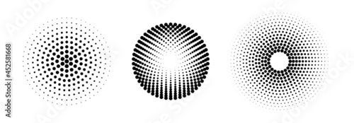 Set of black and white halftone radial patterns. Dotty vector circles.