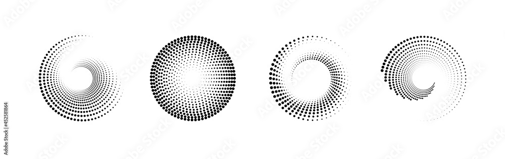 Set of black and white halftone radial patterns. Dotty vector circles and swirls.