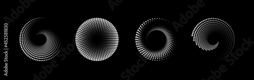 Set of black and white halftone radial patterns. Dotty vector circles and swirls.
