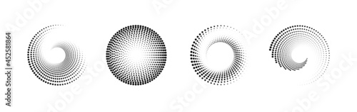Set of black and white halftone radial patterns. Dotty vector circles and swirls.