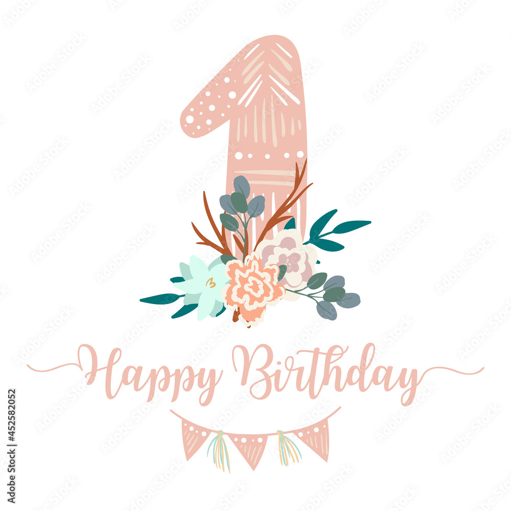 Happy first birthday with flowers, feathers and garland. Greeting card  template. Happy birthday in boho style. Scandinavian illustration with  birthday elements. Stock Vector | Adobe Stock