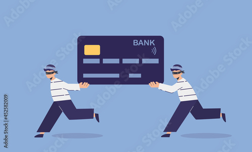 Bank card scamming and theft. Concept flat illustration of online fraud of bank credit cards by scammers and hackers.   Importance of secure payments.
