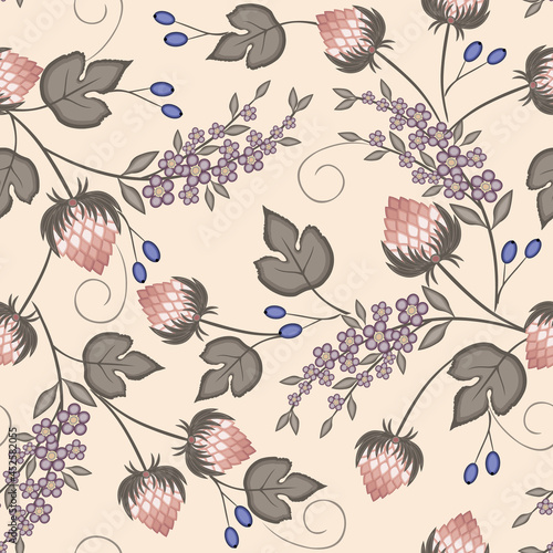 Vector seamless pattern. Floral ornament of hops with blossoming twigs and berries. Background for fabric, paper, wallpaper, web pages, wedding invitations, postcards. Vintage style
