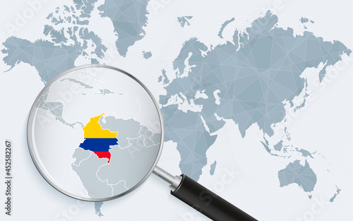 World map with a magnifying glass pointing at Colombia. Map of Colombia with the flag in the loop.