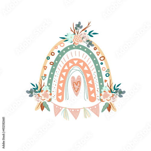 Cute vector rainbow illustration in boho style. Floral boho chic rainbow with flowers, feathers and garland. Scandinavian pink bohemian rainbow. Perfect for poster, card, invitation.