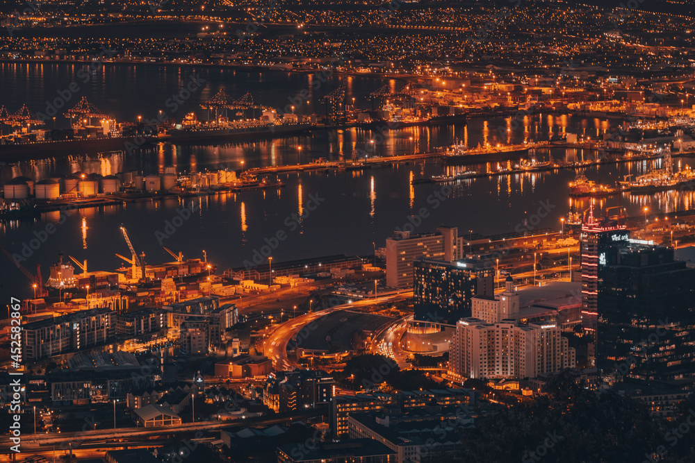 View of the Cape Town Harbour at night, with beautiful shining lights View of the Cape Town Harbour at night, with beautiful shining lights