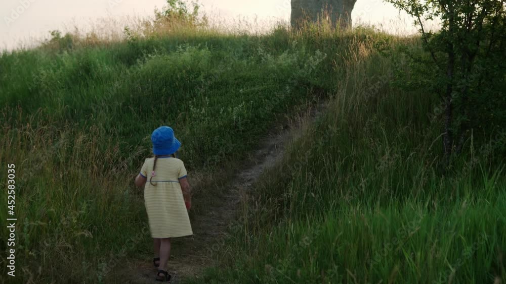 cute preschool little baby girl in yellow dress climbing up trail in tall grass before sunset. Child walking in wild field meadow. Happy kids on mountains. childhood, nature, lifestyle, summer concept cute preschool little baby girl in yellow dress climbing up trail in tall grass before sunset. Child walking in wild field meadow. Happy kids on mountains. childhood, nature, lifestyle, summer concept