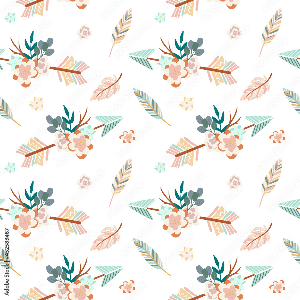 Vector cartoon illustration in trendy boho style. Seamless pattern with arrows, fllowers composition and feathers. Cute scandinavian pattern. Hand drawn Boho elements.