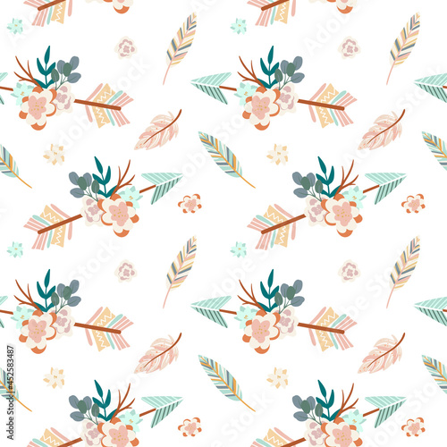 Vector cartoon illustration in trendy boho style. Seamless pattern with arrows, fllowers composition and feathers. Cute scandinavian pattern. Hand drawn Boho elements. © Tatiana
