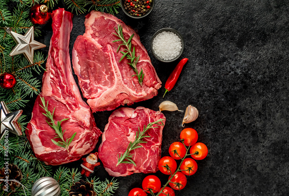 Toy Ribeye Images Variety of Christmas Raw Beef Steaks. Ribeye steak, tomahawk, T-bone ...