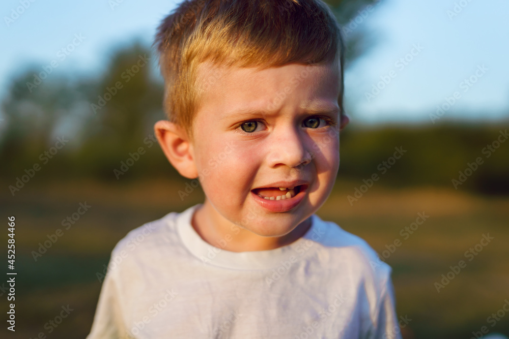 Portrait of small caucasian boy three years old looking to the camera in sunny summer or autumn evening warm tone copy space blonde caucasian kid looking to the camera with mouth open confused Portrait of small caucasian boy three years old looking to the camera in sunny summer or autumn evening warm tone copy space blonde caucasian kid looking to the camera with mouth open confused
