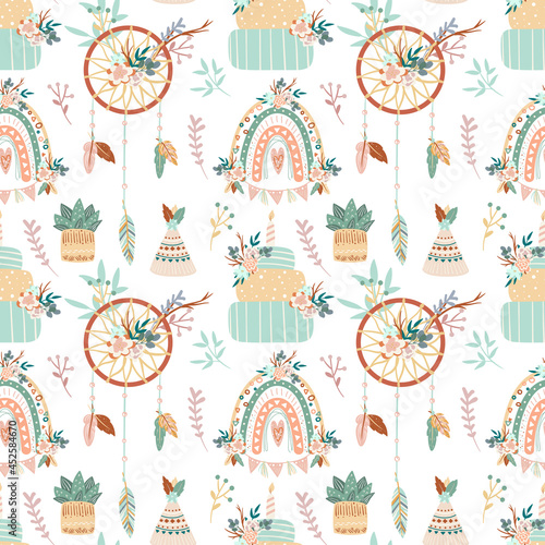Vector cartoon illustration in trendy boho style. Seamless pattern with birthday cake, dreamcatcher, cactus, wigwam, flower, feather, rainbow. Birthday scandinavian pattern. Hand drawn Boho elements.