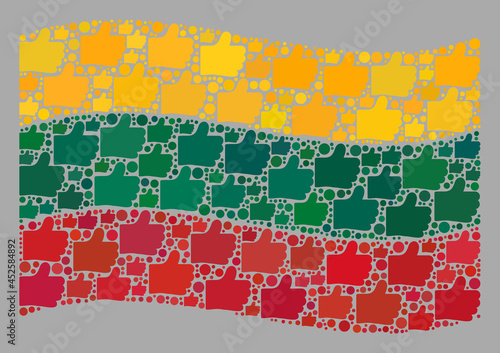 Mosaic waving Lithuania flag designed with like items. Vector selection collage waving Lithuania flag designed for social propaganda. Lithuania flag collage is designed from randomized palm icons.