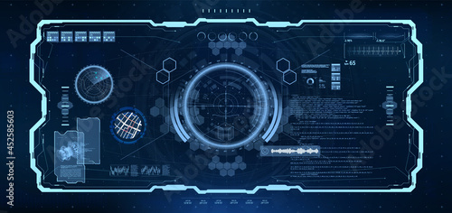 Cockpit Helmet Design with HUD interface for VR. Spaceship cockpit view. Military control center with futuristic dashboard, HUD interface, radar, circle gadgets and aim target. Sci-fi design. Vector