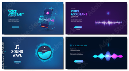 Mockups web page on the topic - Voice Assistant Landing Pages for Mobile app, Web site, smart speaker. Voice assistant concept. Microphone voice control technology. Voice and  Sound recognition.