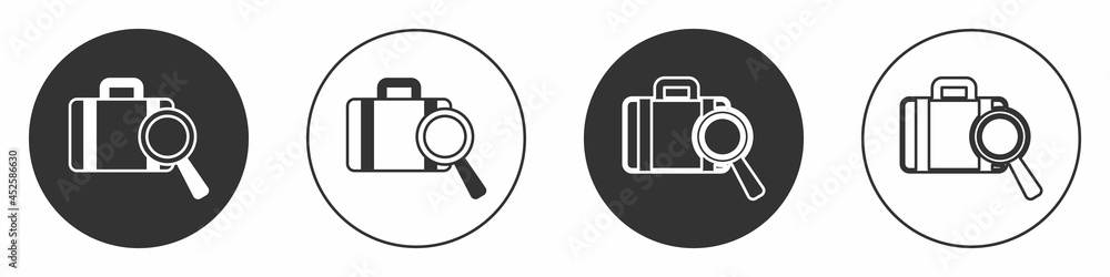 Black Airline service of finding lost baggage icon isolated on white background. Search luggage. Circle button. Vector Black Airline service of finding lost baggage icon isolated on white background. Search luggage. Circle button. Vector