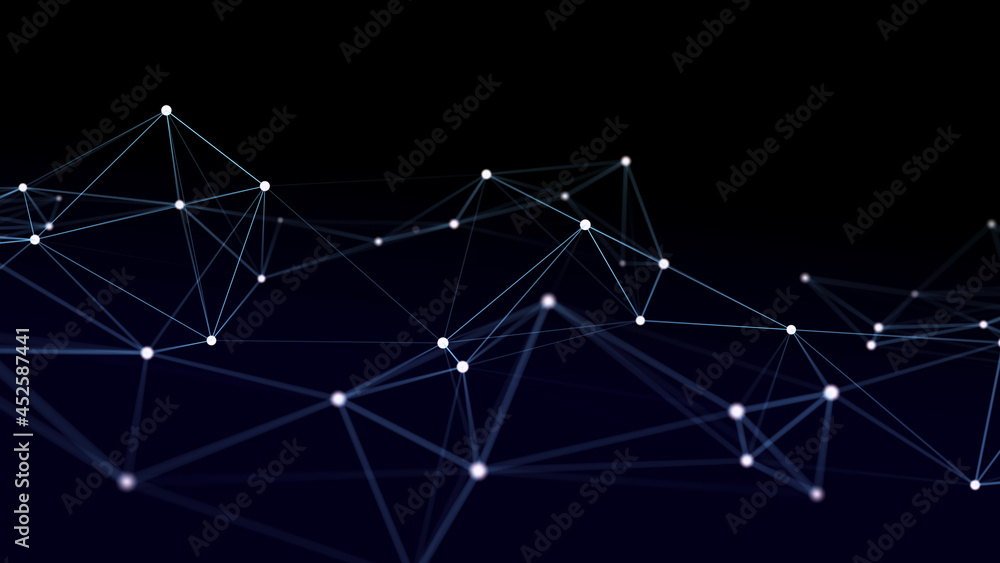 Distribution of lines and points in space. Digital background of data network connection. 3D rendering.