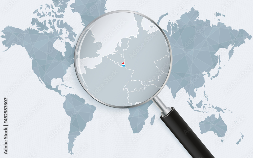 World map with a magnifying glass pointing at Luxembourg. Map of Luxembourg with the flag in the loop. World map with a magnifying glass pointing at Luxembourg. Map of Luxembourg with the flag in the loop.