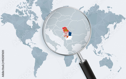 World map with a magnifying glass pointing at Serbia. Map of Serbia with the flag in the loop.
