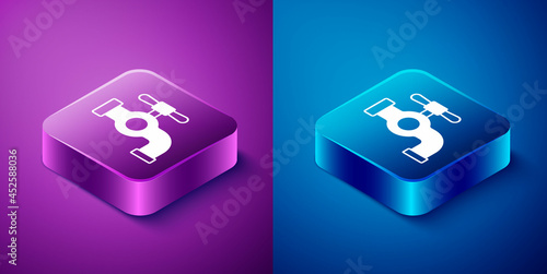 Isometric Water tap icon isolated on blue and purple background. Square button. Vector