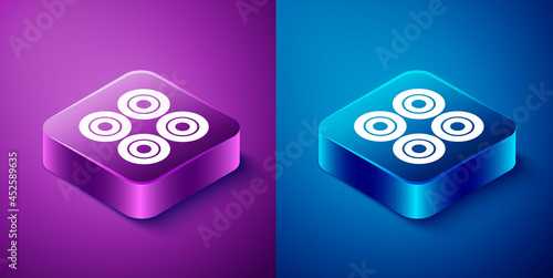 Isometric Skateboard wheel icon isolated on blue and purple background. Skate wheel. Square button. Vector