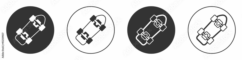 Black Skateboard icon isolated on white background. Extreme sport. Sport equipment. Circle button. Vector Black Skateboard icon isolated on white background. Extreme sport. Sport equipment. Circle button. Vector