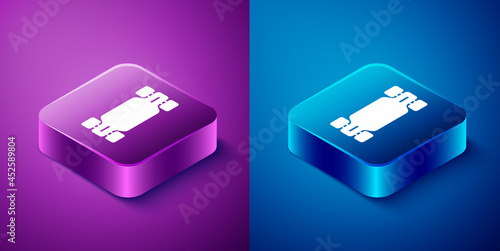 Isometric Longboard or skateboard cruiser icon isolated on blue and purple background. Extreme sport. Sport equipment. Square button. Vector