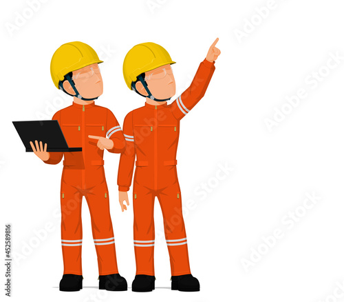 Two workers are looking at high