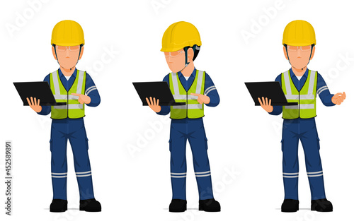 set of worker with laptop on white background