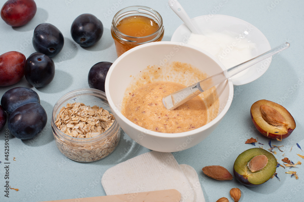 Plum facial mask recipe. Natural home-made cosmetic. Plum facial mask recipe. Natural home-made cosmetic.