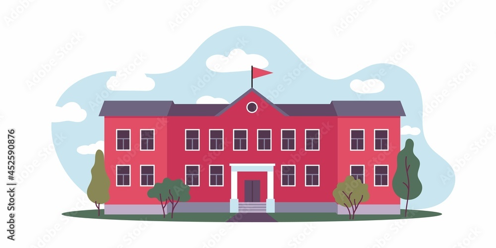 School building with a green lawn. Icon. Education concept. Flat vector illustration isolated on white background.